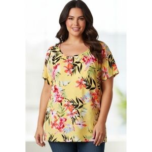 Croft & Barrow Short Sleeve Floral Blouse Yellow Size 2X